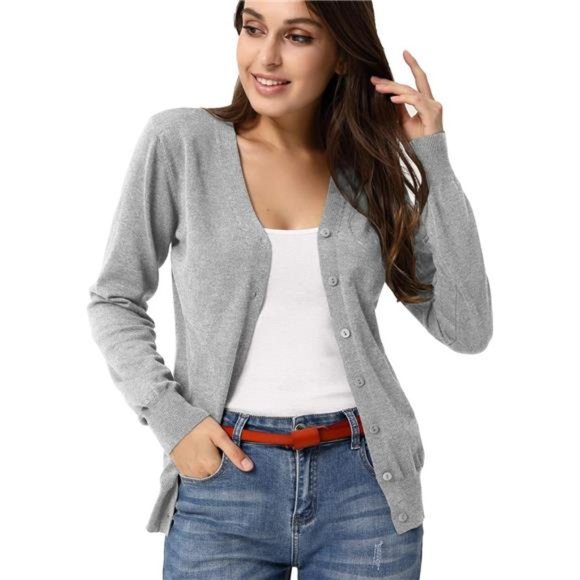 Long Sleeve Button Down Vee Neck Classic Sweater Knit Cardigan For Women - Picture 1 of 7